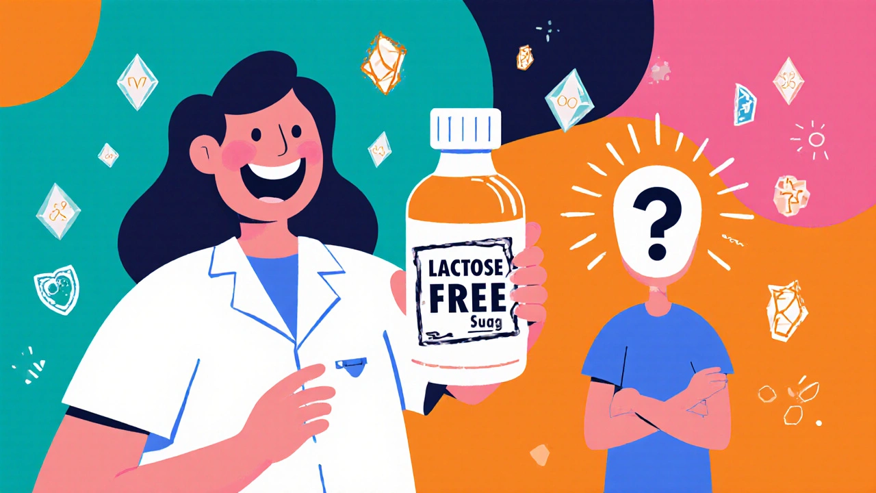 A pharmacist handing a lactose-free liquid antibiotic bottle with vibrant Memphis-style patterns.
