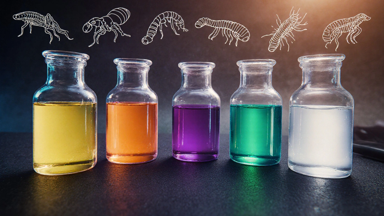 Artistic lab scene showing six colored vials and stylized worms affected by drugs.