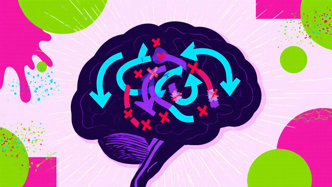 Cartoon brain showing Loxitane blocking dopamine D2 receptors and serotonin 5‑HT2 receptors.