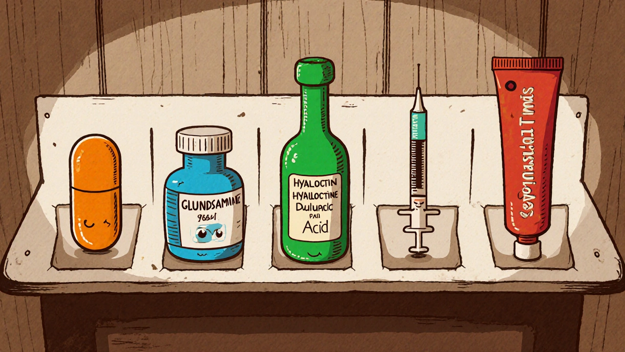 Cartoon display of various osteoarthritis treatments: tablets, capsules, syringes, and creams on a table.