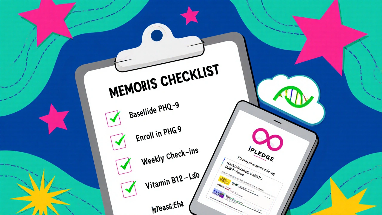 Checklist on a clipboard with ticked items, digital PHQ‑9 sync, and DNA helix illustration.