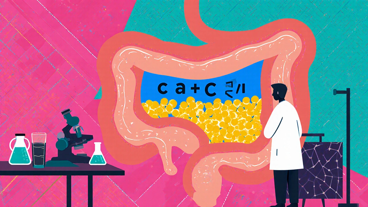 Close-up of colon showing calcium ions blocked by Mebeverine, with a cartoon lab scene in geometric design.