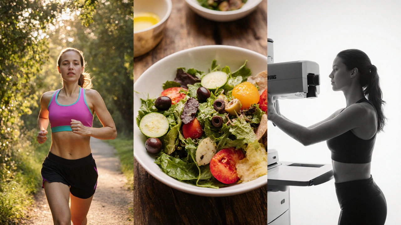 Collage of exercising woman, healthy salad, and mammogram screening scene.
