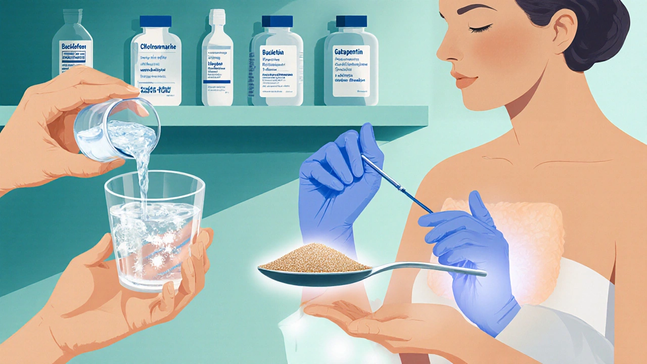 Composite scene of breath‑hold, water, sugar, warm compress, medication bottles, and a doctor performing a nerve block.