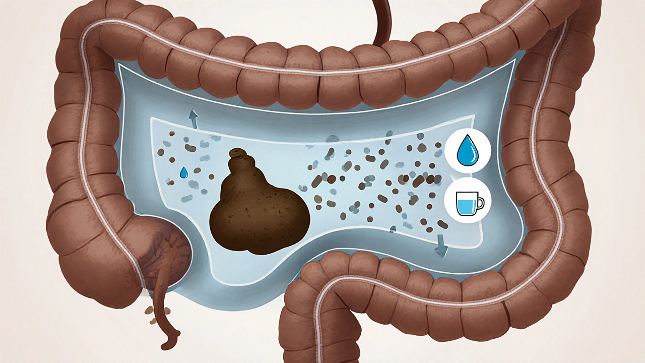 Cutaway of colon showing dry stool, relaxed muscle, and reduced good bacteria.