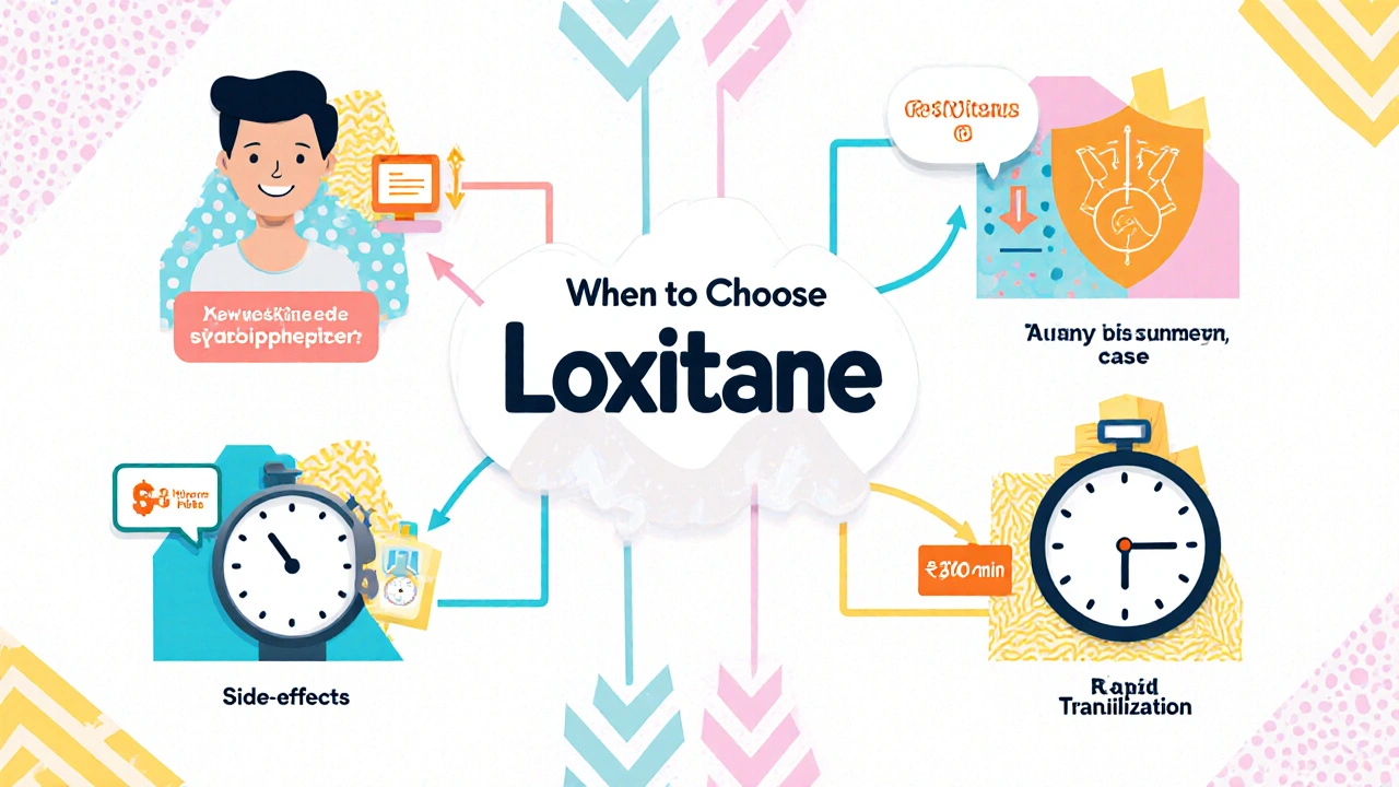 Decision tree illustration with icons for patient scenarios, cost, and side‑effects in Memphis style.