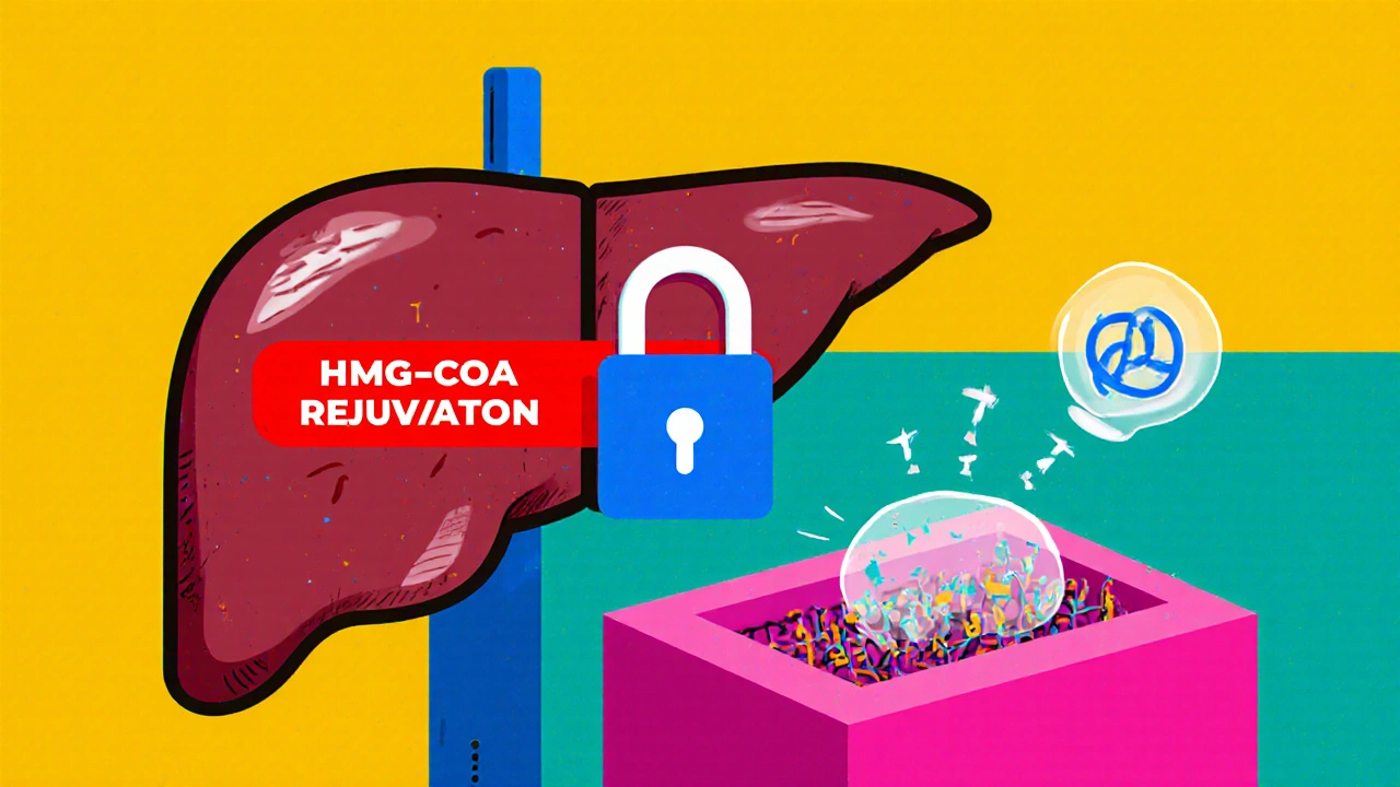 Diagram of liver processing rosuvastatin and muscle cell showing CoQ10 loss.