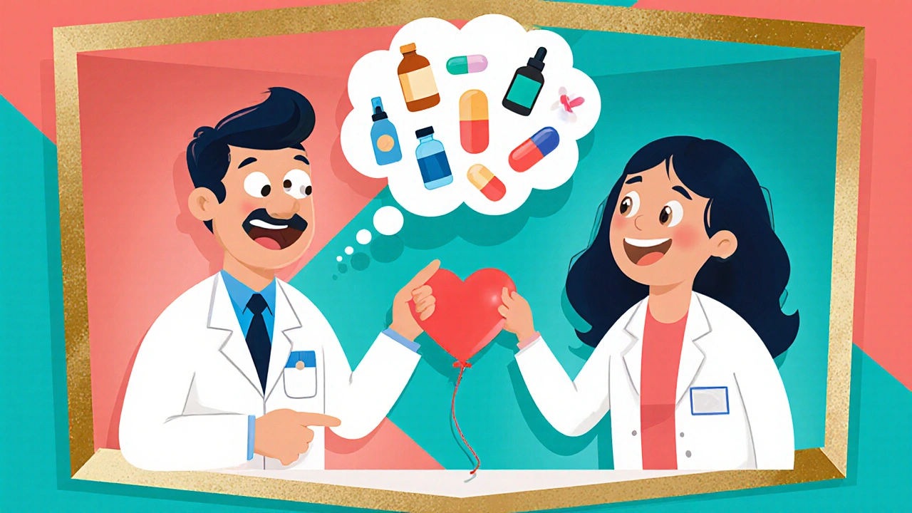 Doctor and patient discussing treatment options with floating drug icons in a cartoon scene.