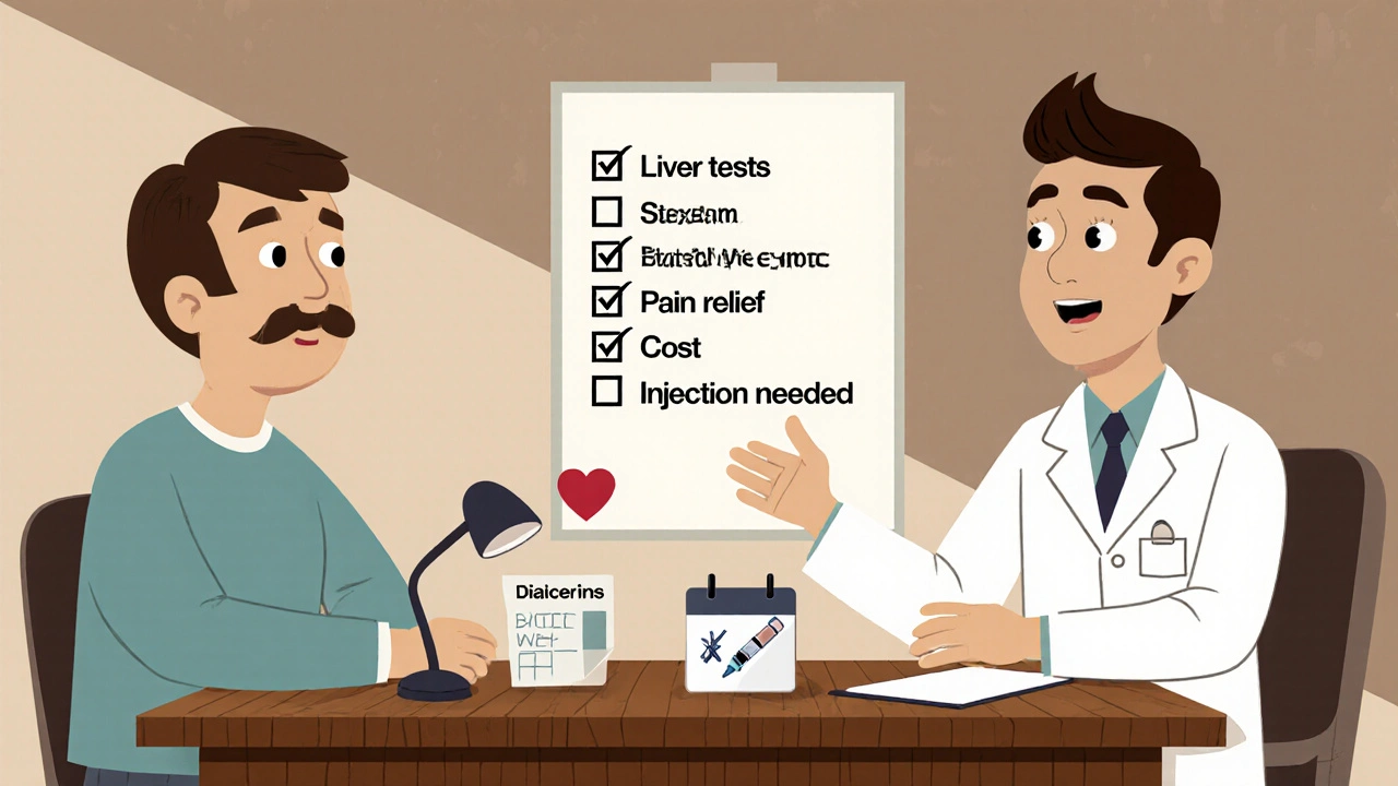 Doctor and patient reviewing a checklist of treatment factors in a vintage cartoon office.