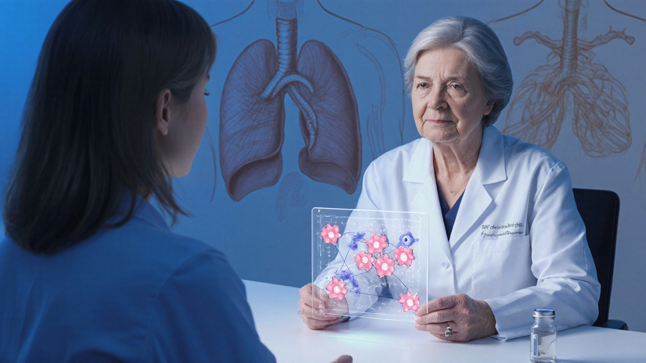 Doctor discussing combined hormone therapy with patient, showing molecular model.