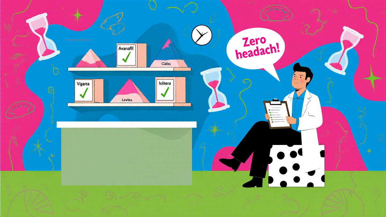 Doctor’s office with pill bottles as shapes, patient smiling, floating &#039;Zero headache!&#039; bubble.