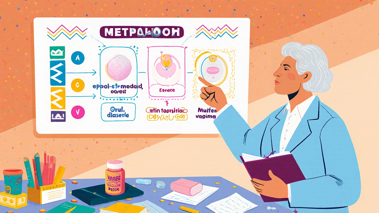 Doctor showing a chart with Estrace pill, patch and Vagifem tablet to a patient in a colorful clinic scene.