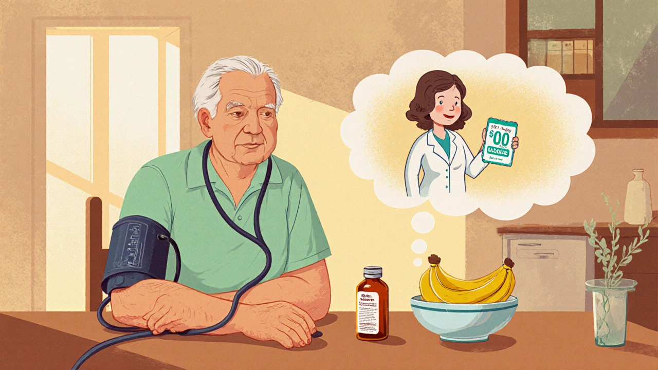 Elderly diabetic patient monitors blood pressure at home with medicine bottle and bananas.