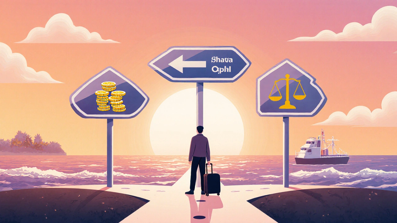 Figure at sunrise crossroads with signs for bulk discount, subscription, and legal compliance.