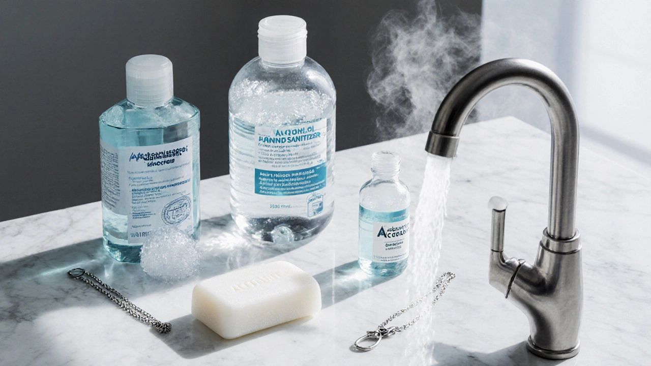 Flatâlay of hand sanitizer, soap, acetone, metal jewelry, and faucet.