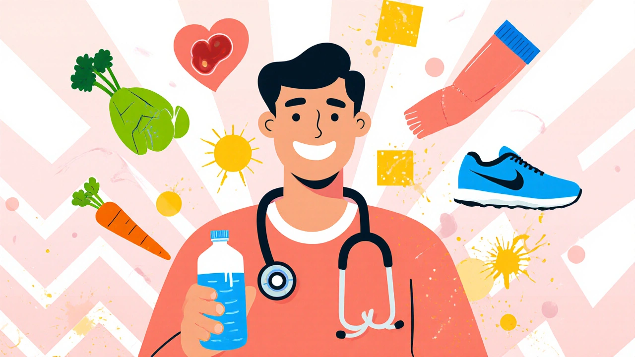 Former smoker with doctor, water bottle, and health icons showing recovery and better blood flow.