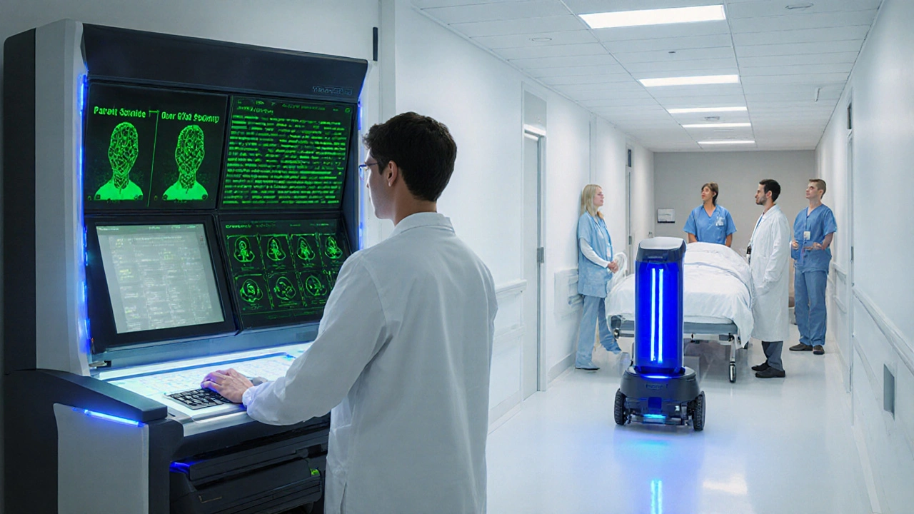 Futuristic lab with genome sequencer, AI risk scores, and UV robot cleaning a bed.