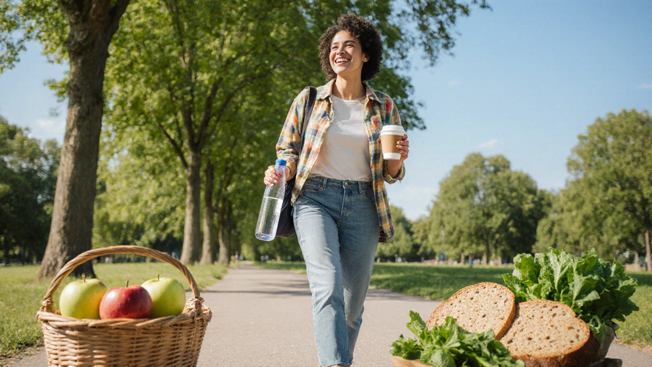Happy individual walking in a park, drinking water, holding wine and coffee, with fruit and bread.
