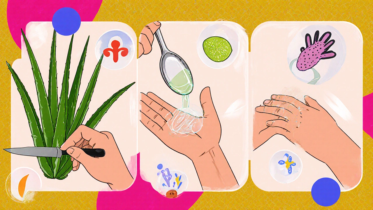 Illustrated steps: slicing aloe leaf, scooping gel, applying it to irritated skin.