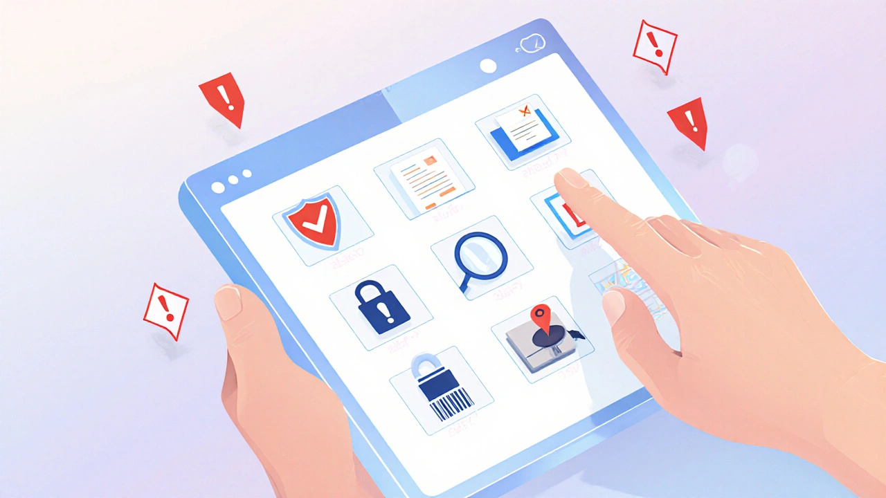 Illustrated tablet checklist with icons for license, prescription, payment, shipping, and warning alerts.