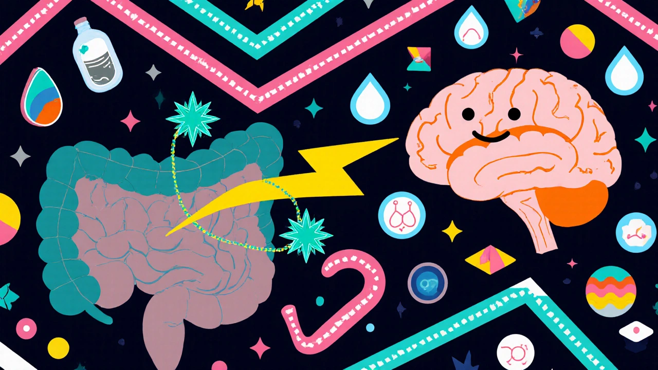 Illustration of colon releasing serotonin toward a brain via vagus nerve.
