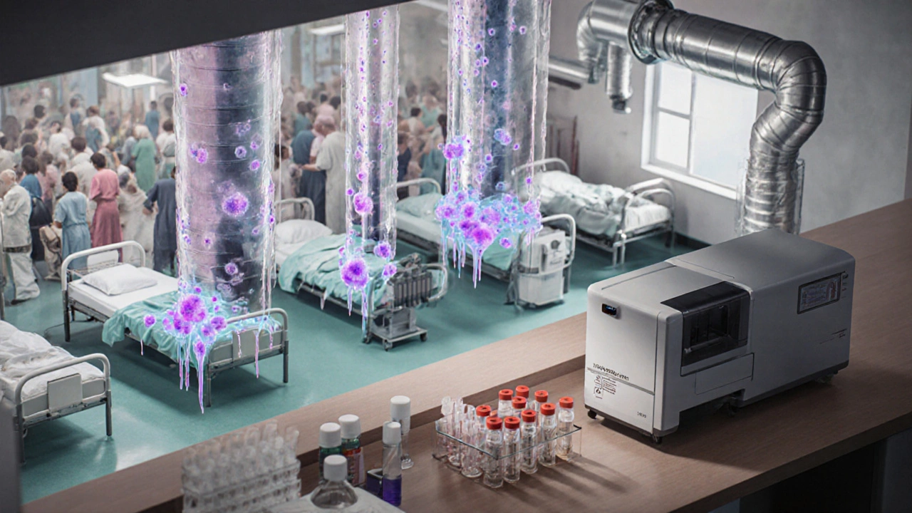 Isometric hospital ward showing catheters with Candida biofilm and lab equipment.