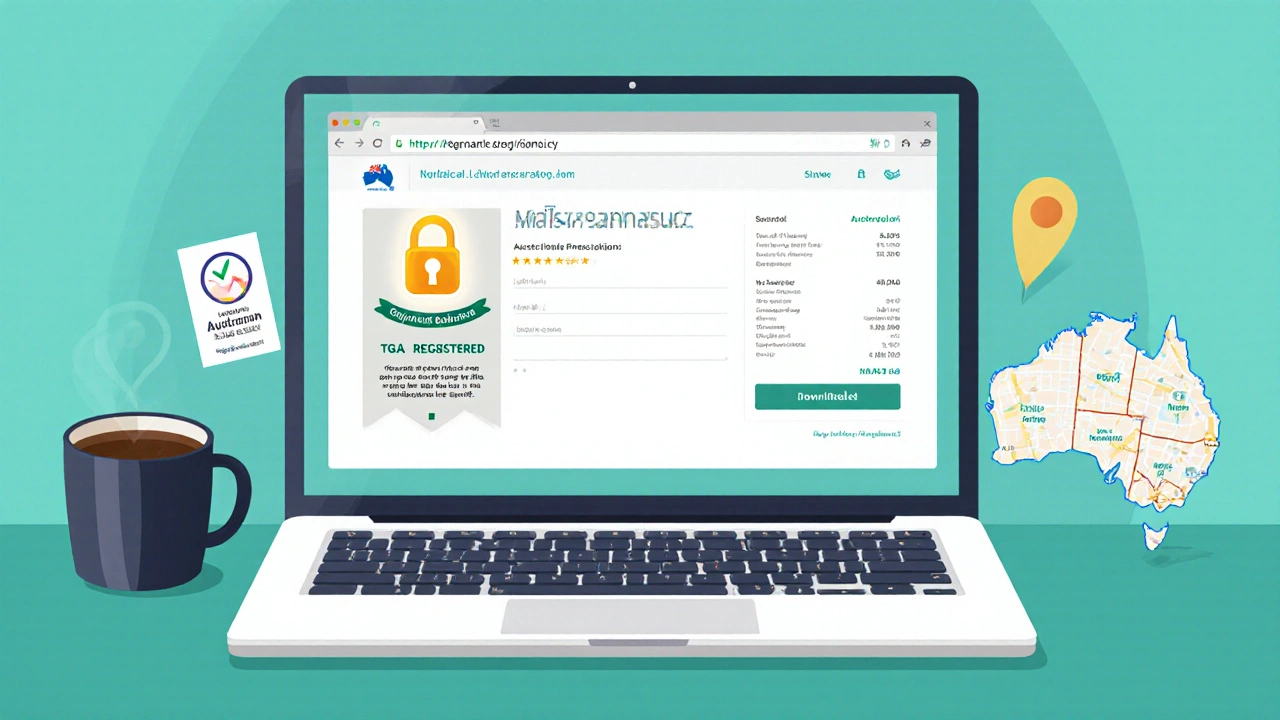 Laptop checkout page showing security icons and TGA badge.