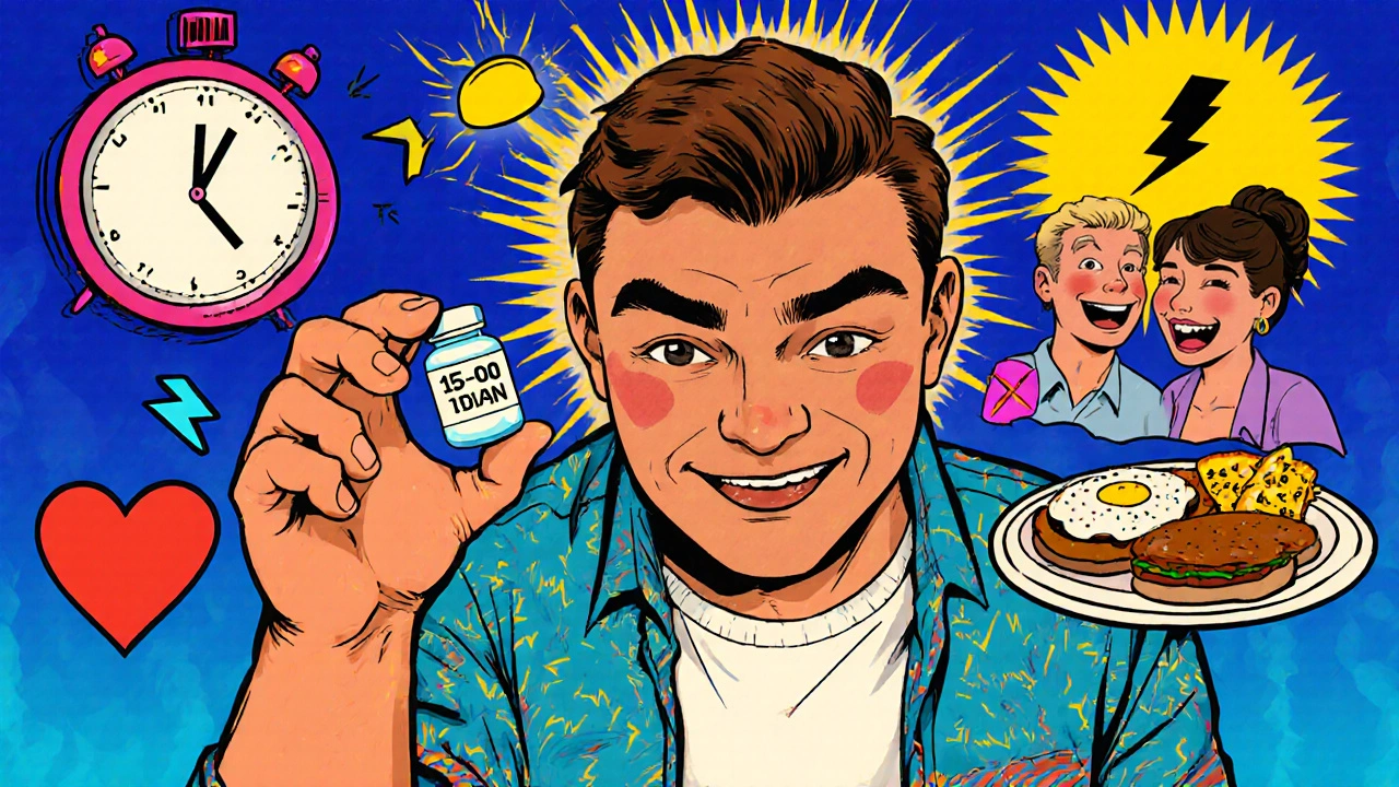 Man taking Avanafil with fast timer, blurred meal, and happy couple in playful abstract background.