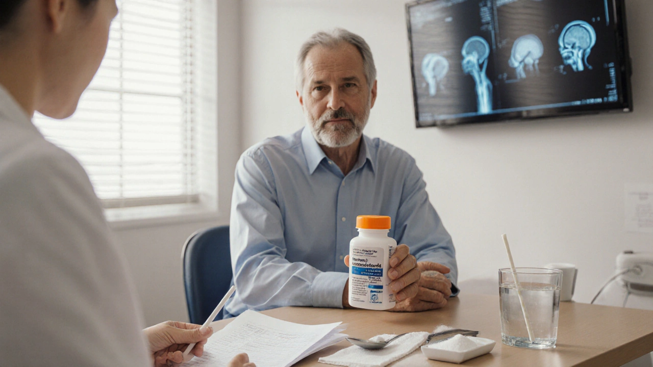 Patient in exam room with doctor; pill bottle, water glass, sugar spoon, and visible MRI and X‑ray images.