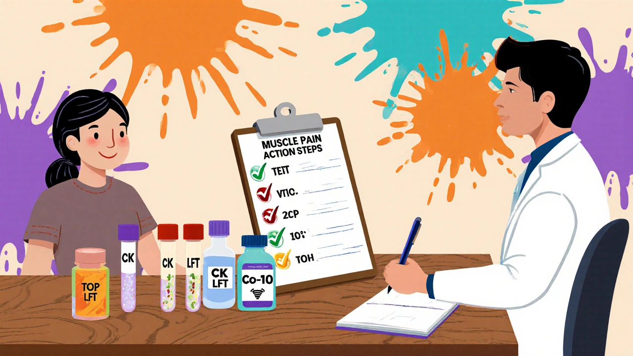 Patient reviewing a symptom checklist with doctor, lab tubes, and supplements.