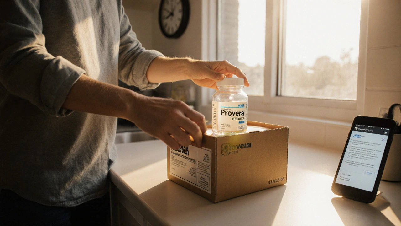 Person opening a delivery box with generic Provera tablets at home.