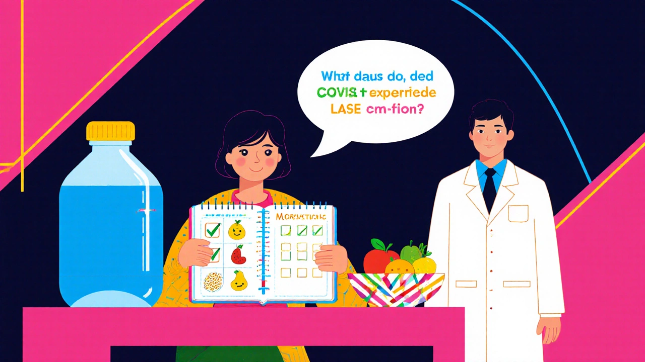 Person tracking bowel and mood with water bottle, fiber foods, and doctor advice.