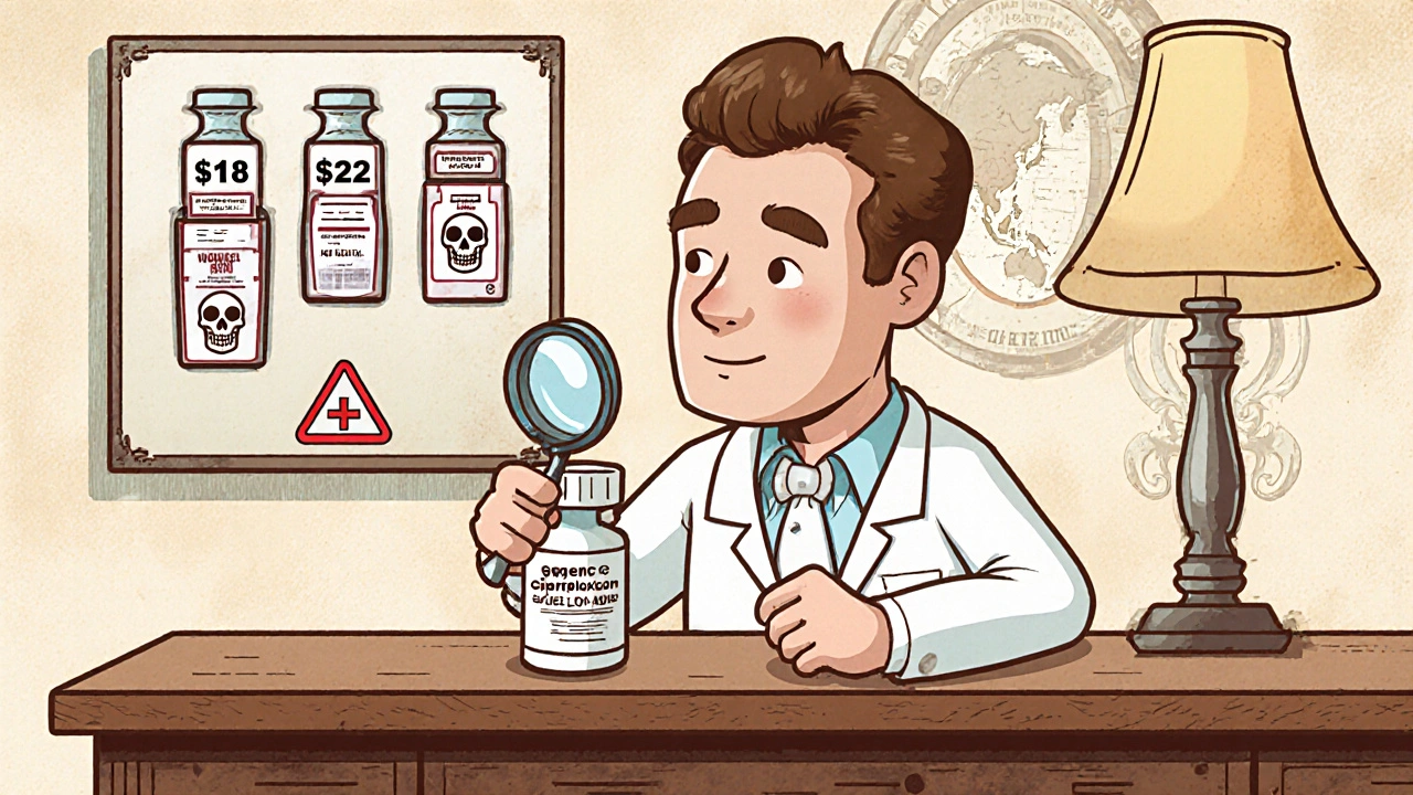 Pharmacist inspecting ciprofloxacin bottle beside a price comparison chart and safety warning.