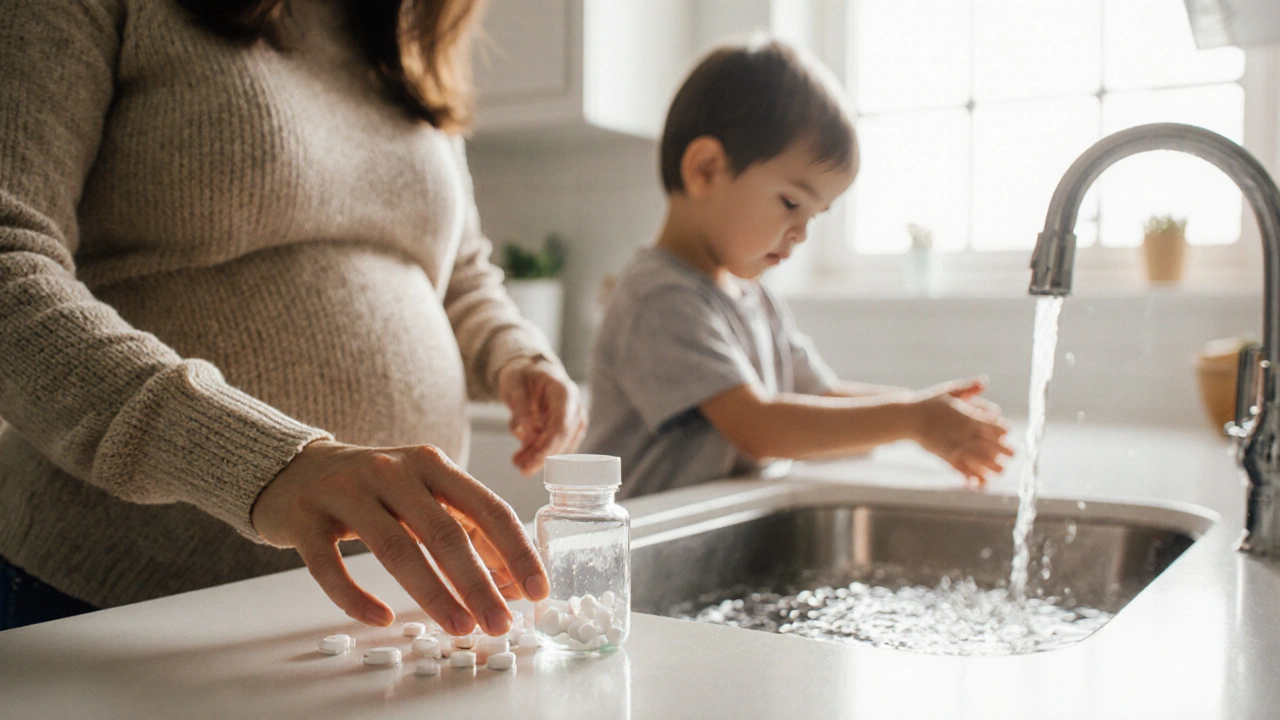 Pregnant woman reaching for medication as a child washes hands in a sunny kitchen.