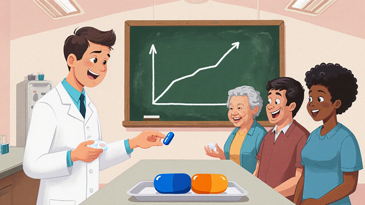 Researcher gives two colored capsules to diverse trial participants in a cartoon lab.