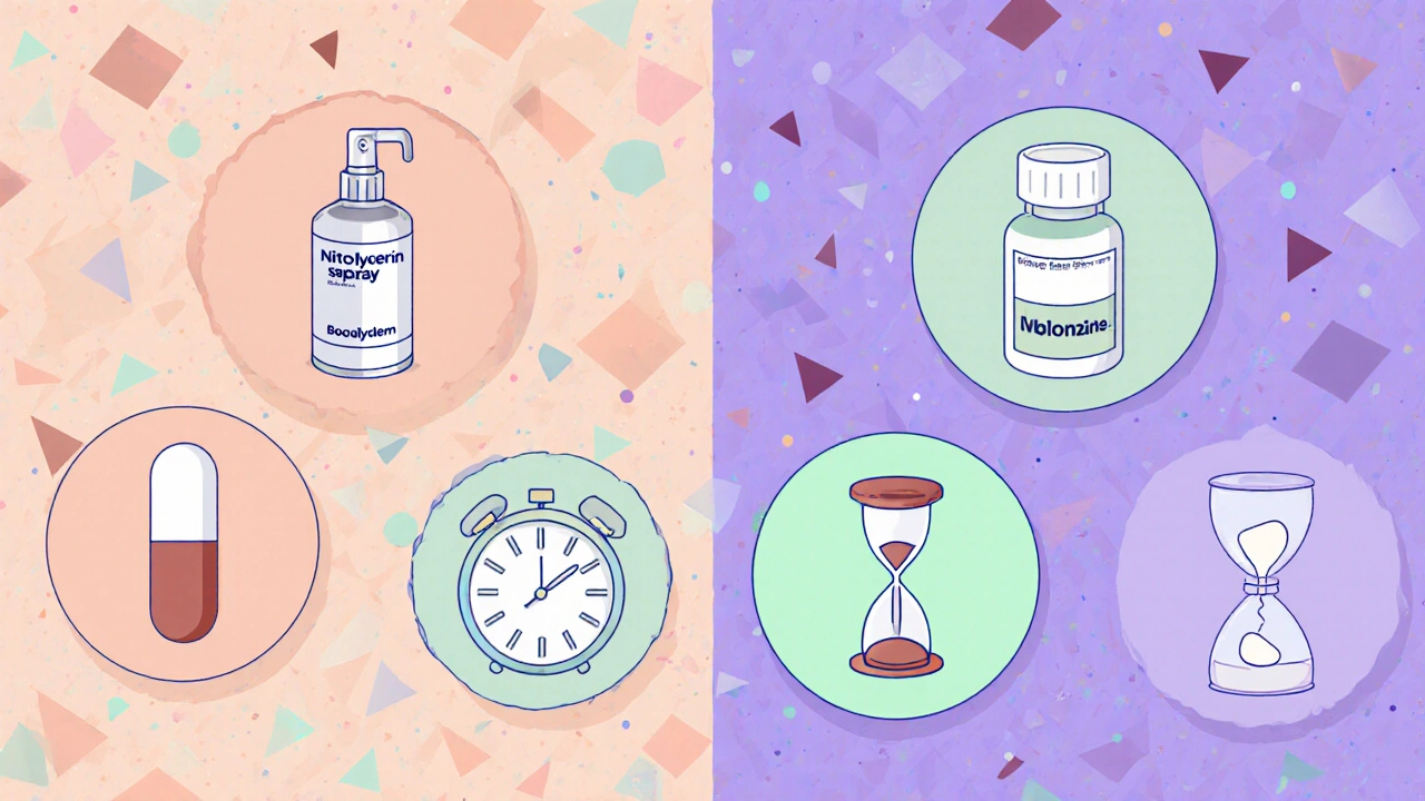 Side‑by‑side cartoon of nitroglycerin and alternative drug icons on geometric plates.