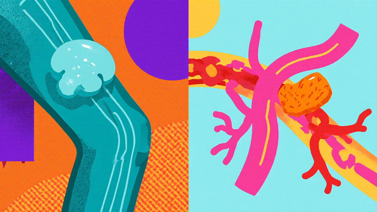Split illustration of a clot in a leg vein and the same clot traveling to block a lung artery.