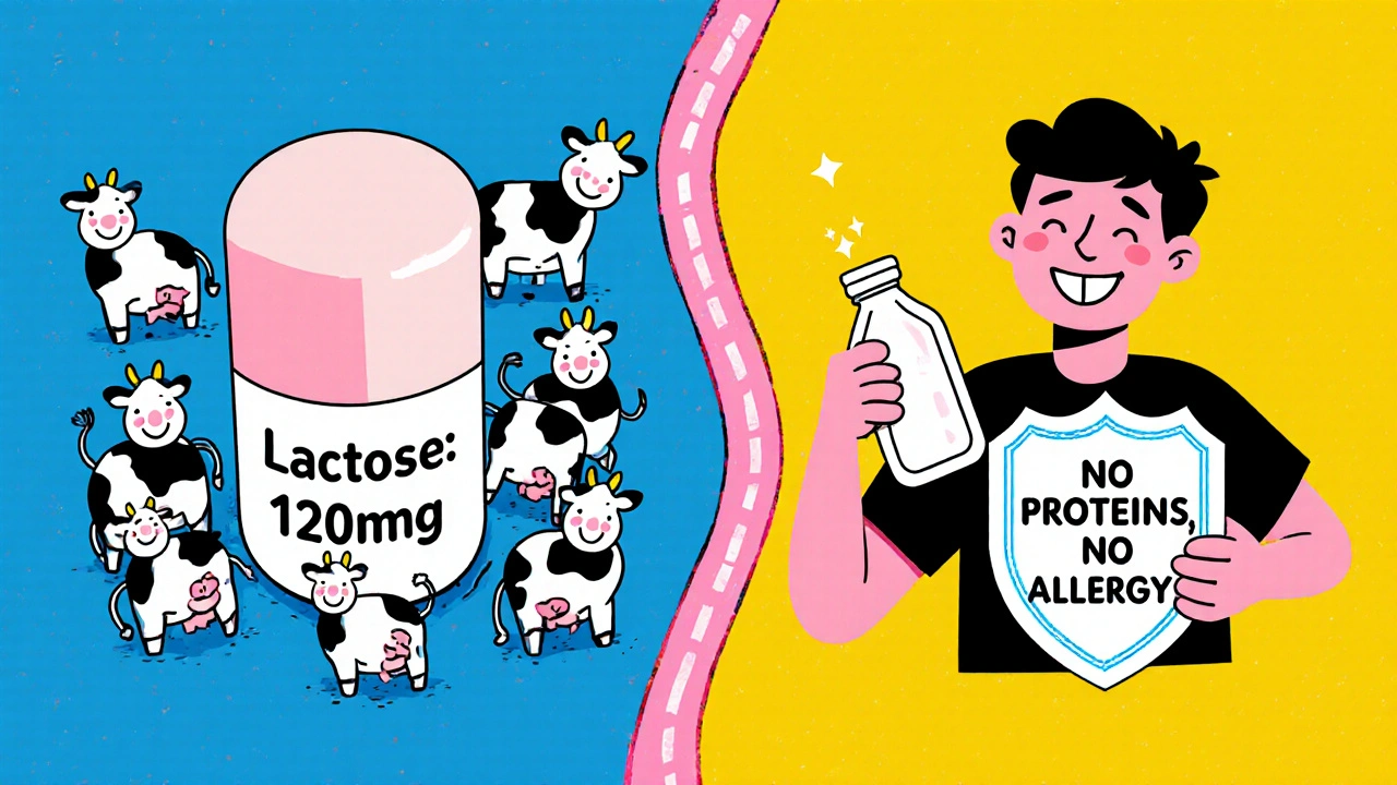Split illustration showing relief from lactose worry with abstract medical symbols and bold colors.