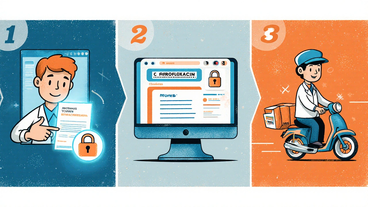 Three‑panel cartoon showing telehealth prescription, online pharmacy upload, and parcel delivery.