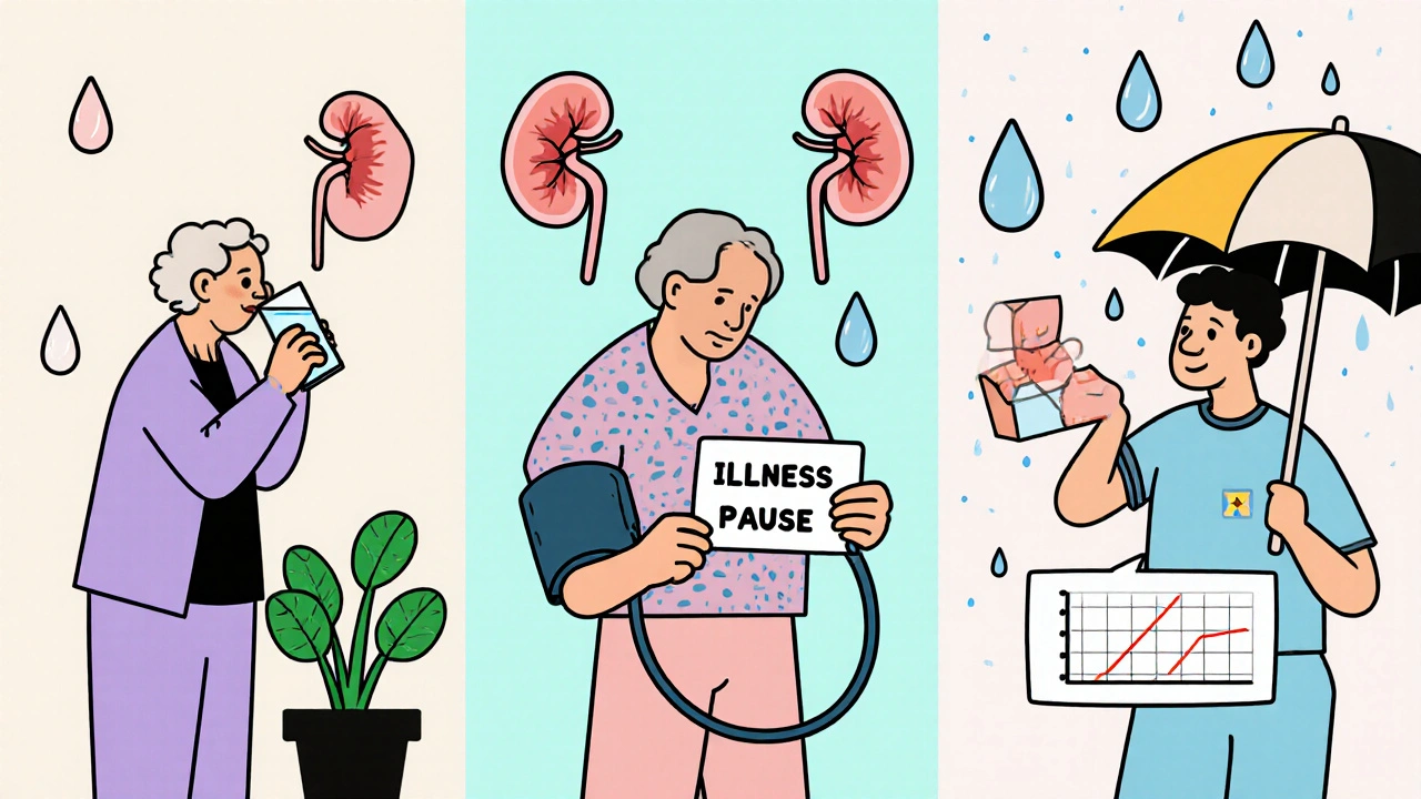 Three patients managing SGLT2 inhibitor side effects with hydration, monitoring, and pauses.
