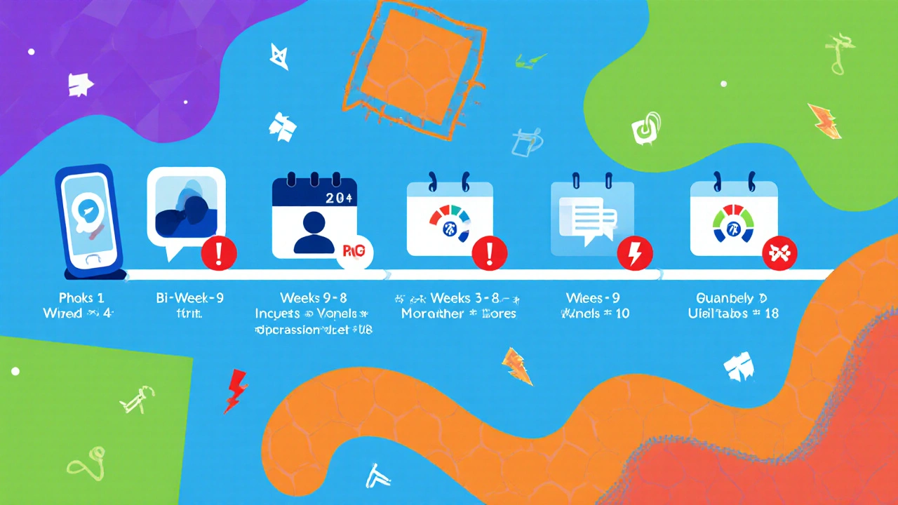 Timeline showing weekly, bi‑weekly, monthly, and quarterly check‑ins with PHQ‑9 scores and red‑flag icons.