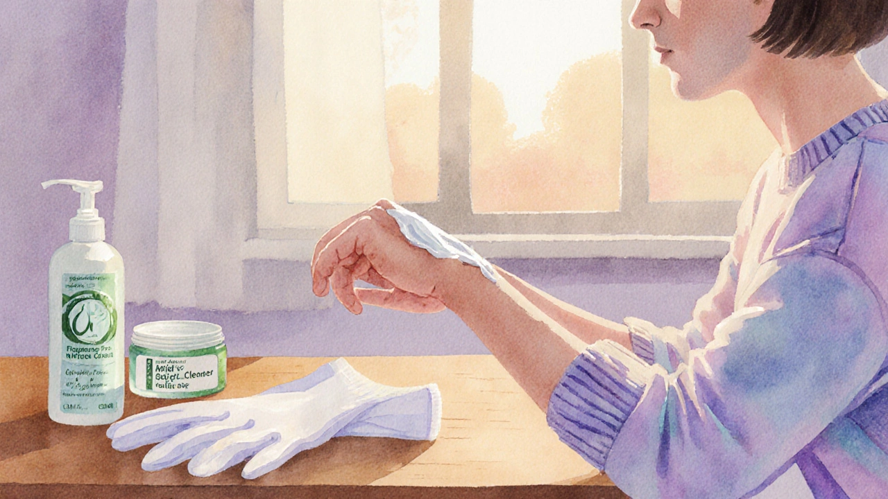 Watercolor scene of applying ointment with gloves and gentle products.