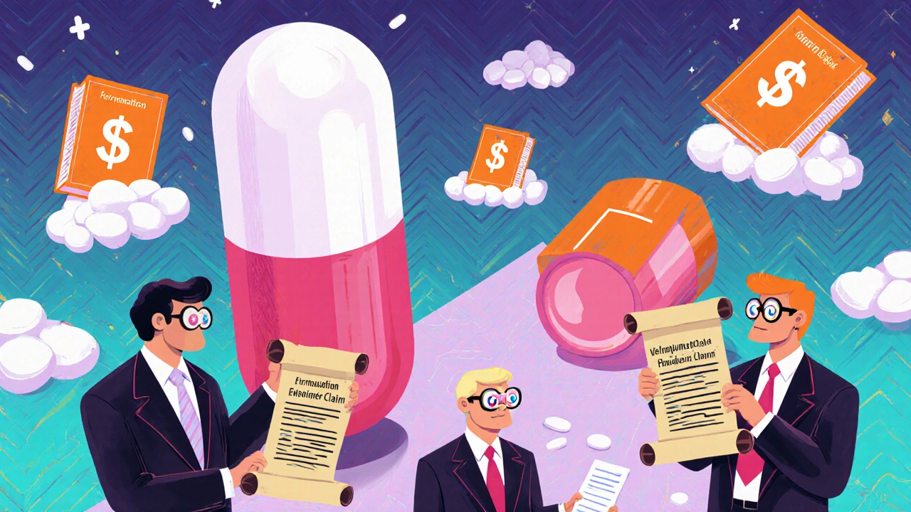 A courtroom with a giant branded pill towering over a small generic pill, surrounded by patent scrolls and geometric dollar signs.