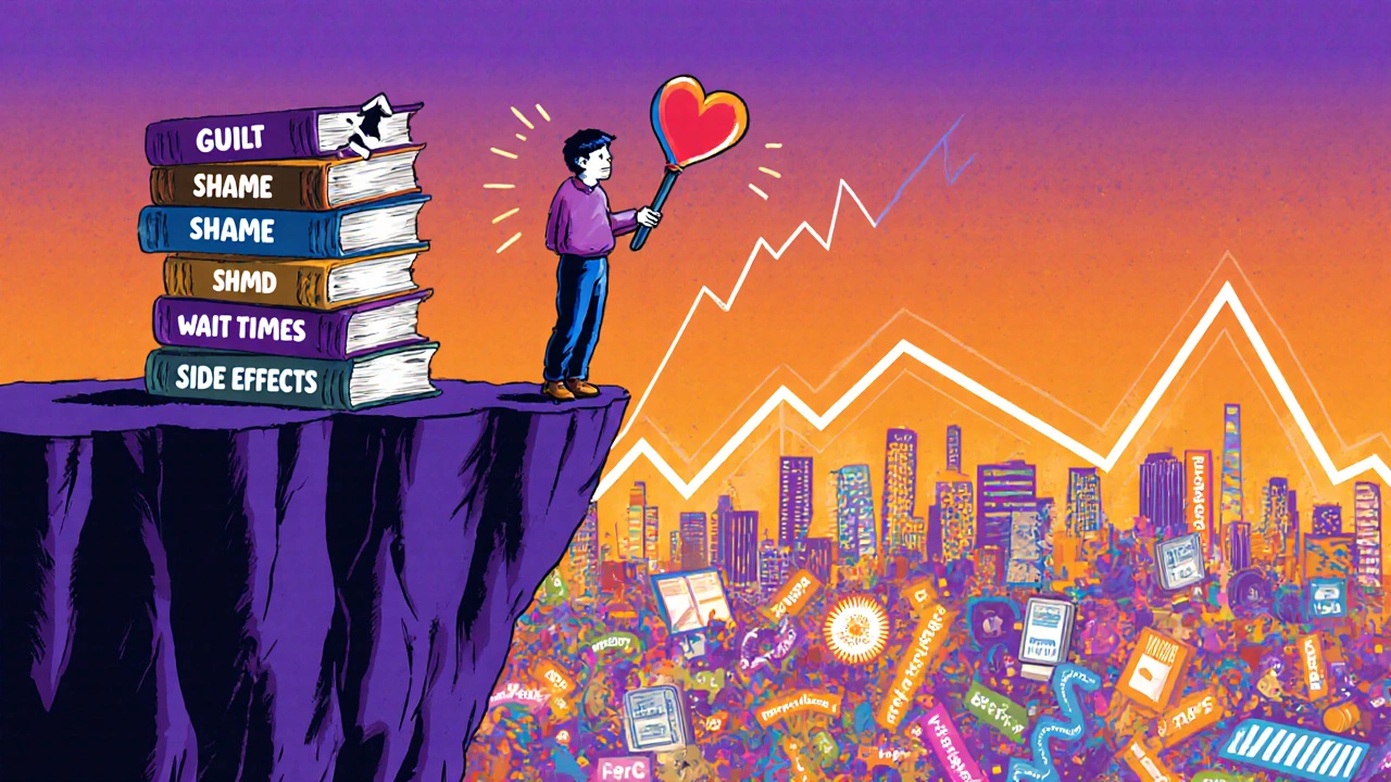 A person stands at a cliff of stigma barriers, holding a heart-shaped key as a vibrant city of mental health resources glows below.