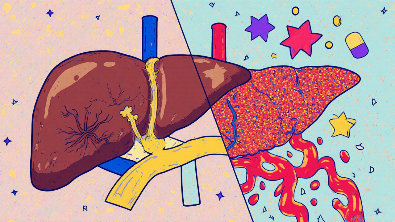 Before and after liver illustration showing clot dissolution with pill icons in Memphis art style.