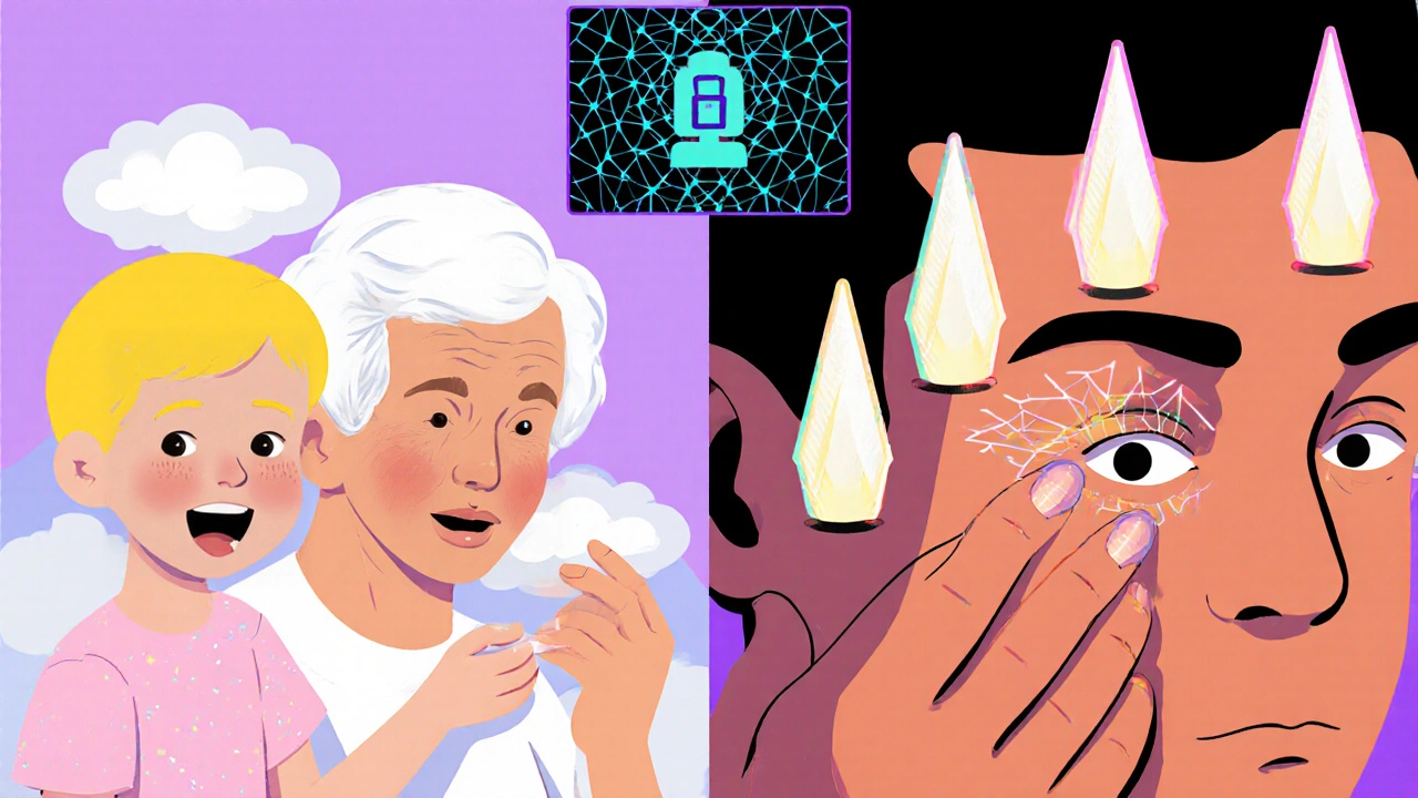 Child and elderly person safely using mild steroids versus adult misusing potent steroid on eyelids.