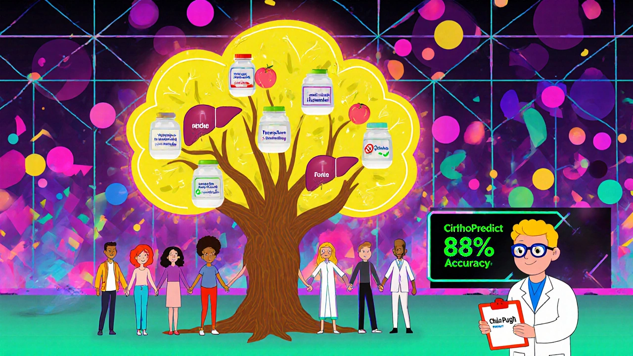 Community around a liver tree with medical icons in bold Memphis geometric patterns