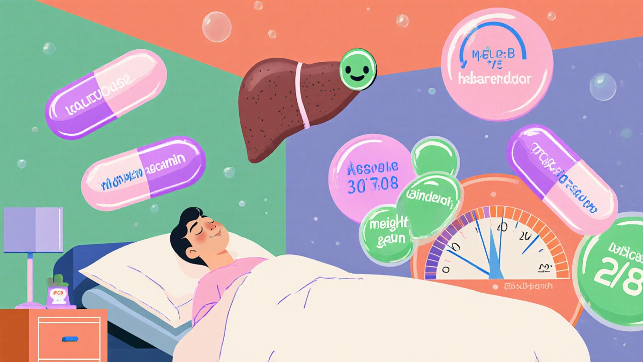 Floating medications and liver icon in a surreal hospital scene with Memphis style