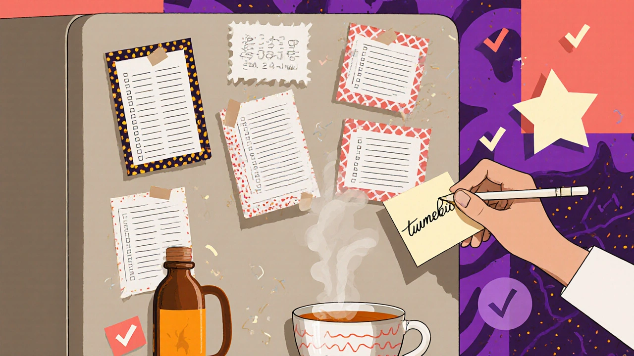 Fridge covered in printed medication lists with tea and turmeric bottle nearby