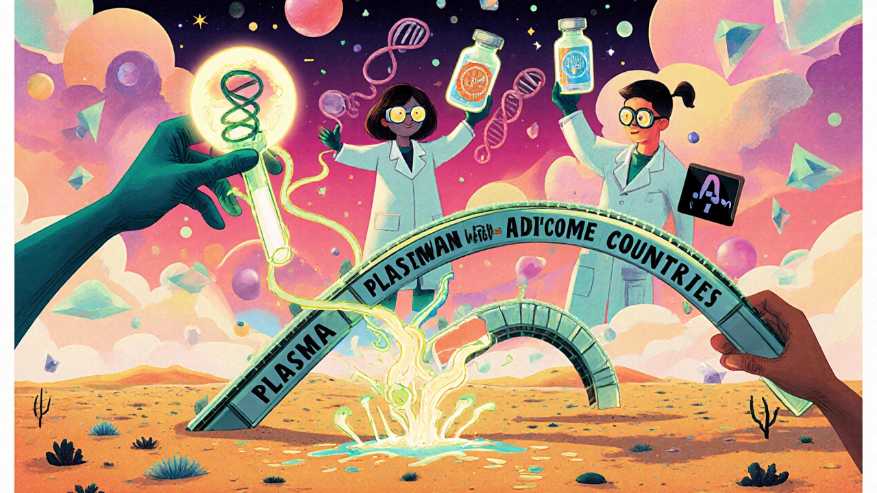 Global plasma supply chain as a colorful conveyor belt with cracked vials and futuristic antibody bottle